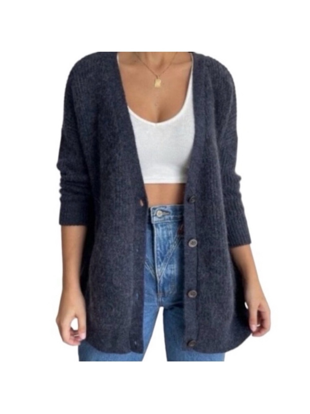Free People Charcoal Open-Front Button Cardigan